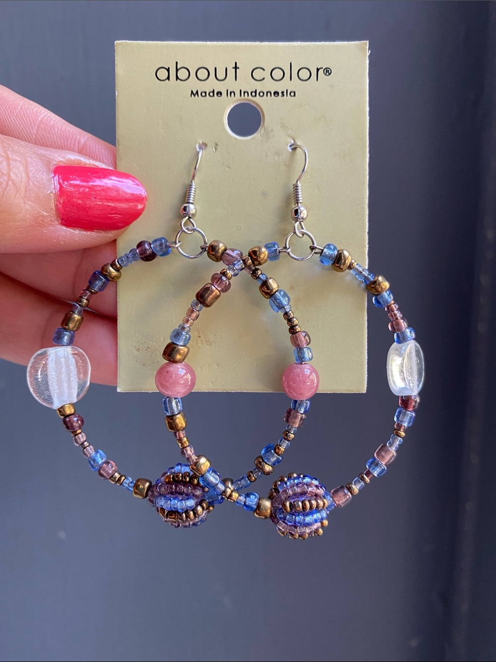 Blue and Pink Beaded Hoop Earrings